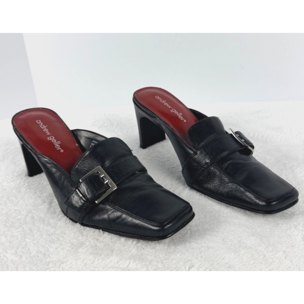 Vintage Andrew Geller Jules Black Leather Mule Heels Square Toe Women's 7M